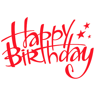 Happy Birthday design in bold red lettering, ideal for baby products like pacifiers and bodysuits. \n\nCaption: Celebr