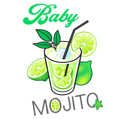 Colorful illustration of a drink labeled \"Baby Mojito\" with lime slices and leaves, perfect for baby-themed products