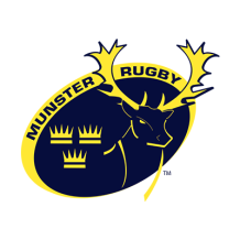 Munster Rugby logo featuring a stylized deer and crowns, designed for baby products like pacifiers and bodysuits.\n\nC