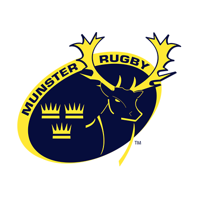 Munster Rugby logo featuring a stylized deer and crowns, designed for baby products like pacifiers and bodysuits.\n\nC