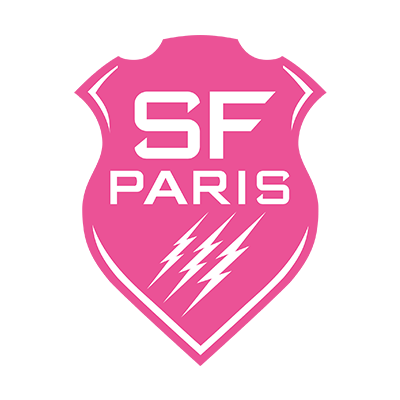 Stade Français logo, a pink shield design suitable for baby items like pacifiers and bibs.\n\nCaption: Discover the St
