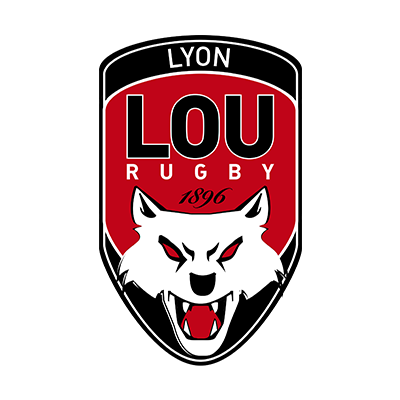 Lyon LOU Rugby logo featuring a wolf\'s head on a red and black shield.\n\nCaption: Show your team spirit with the sty