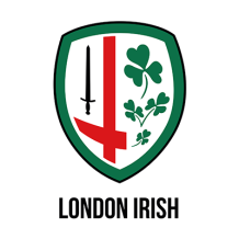 London Irish logo featuring a shield with a sword and shamrocks, perfect for baby items and sports fans.\n\nCaption: D