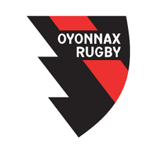 Oyonnax Rugby logo featuring a bold design in black, red, and white, perfect for baby products.\n\nCaption: Discover t