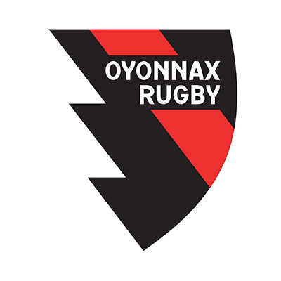 Oyonnax Rugby logo featuring a bold design in black, red, and white, perfect for baby products.\n\nCaption: Discover t