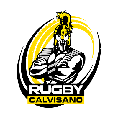 Rugby Calvisano logo featuring a strong warrior figure with a yellow and black design, ideal for sporty baby products.