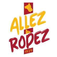 Rodez Aveyron Football logo featuring bold text in red and yellow, suitable for baby apparel and accessories. \n\nCapt