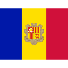Official Flag of Andorra design for baby products like pacifiers and bibs, showcasing vibrant blue, yellow, and red co