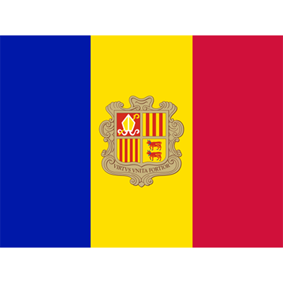Official Flag of Andorra design for baby products like pacifiers and bibs, showcasing vibrant blue, yellow, and red co
