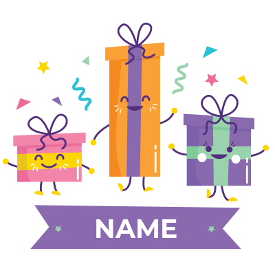 Colorful cartoon-style gift boxes celebrating birthdays, perfect for baby gifts and themed occasions.\n\nCaption: Cele