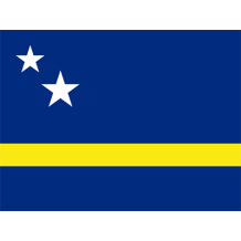 Official Flag of Curaçao, featuring a blue field with a yellow stripe and two white stars. \n\nCaption: Celebrate your