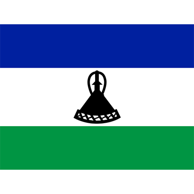Flag of Lesotho, featuring blue, white, green stripes, and a black Basotho hat emblem, perfect for baby-themed items.\