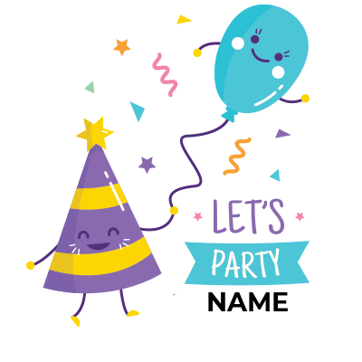 Colorful \"Let\'s Party\" design featuring a happy birthday hat and a joyful balloon, perfect for baby celebrations.\n