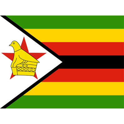 Flag of Zimbabwe, colorful design with yellow, green, red, black stripes and a star featuring a bird.\n\nCaption: Cele