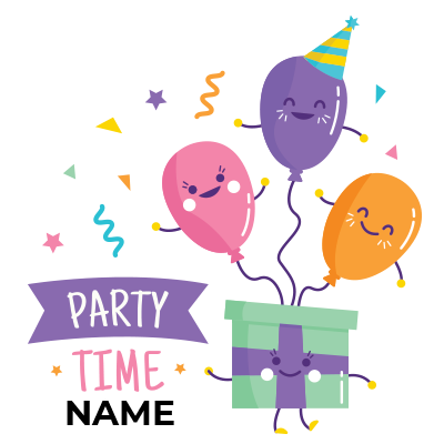 Colorful balloons and a gift box with a \"Party Time\" banner, perfect for celebrating special moments with your baby.