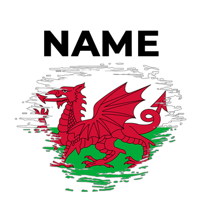 Brush effect flag of Wales, featuring a red dragon on a white and green background, suitable for baby items.\n\nCaptio