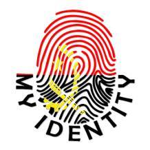 A colorful logo featuring a fingerprint design with Angolan colors, labeled \"My Identity.\"  \n\nCaption: Discover th