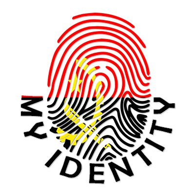 A colorful logo featuring a fingerprint design with Angolan colors, labeled \"My Identity.\"  \n\nCaption: Discover th