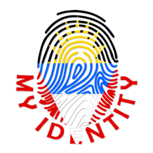 Footprint My Identity Antigua and Barbuda design featuring colored fingerprint and text on a circular logo.\n\nCaption