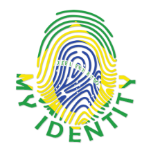 A colorful logo featuring a Brazilian flag within a fingerprint design, representing the Footprint My Identity Brazil baby produ