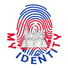 Footprint My Identity Cambodia logo featuring a fingerprint design with a temple silhouette. \n\nCaption: Discover uni