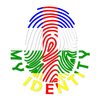 Colorful design of a fingerprint with the text \"My Identity\" for a baby product from the Central African Republic.\n