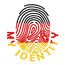 Footprint My Identity Germany logo featuring a fingerprint design in black, red, and gold colors. \n\nCelebrate your baby\'s uni
