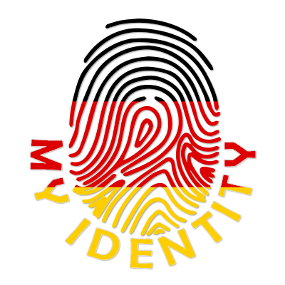 Footprint My Identity Germany logo featuring a fingerprint design in black, red, and gold colors. \n\nCelebrate your baby\'s uni