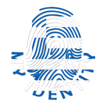 Footprint My Identity Greece logo featuring a fingerprint design with Greek flag colors, perfect for baby products.\n\