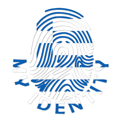 Footprint My Identity Greece logo featuring a fingerprint design with Greek flag colors, perfect for baby products.\n\
