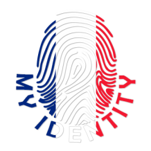 Footprint My Identity Guadeloupe logo featuring a fingerprint design in red, white, and blue colors.\n\nCaption: Disco