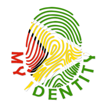 Logo design featuring fingerprint patterns in colors of the Guyanese flag, labeled \"Footprint My Identity.\"\n\nCapti