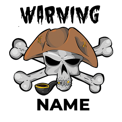 Cartoon pirate skull with a brown hat and crossed bones, designed for baby items like pacifiers and clothing.\n\nCapti