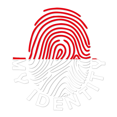 Iconic logo of Footprint My Identity Indonesia featuring a fingerprint design in red and white.\n\nCaption: Discover t
