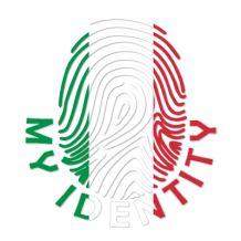 Logo of Footprint My Identity Italy featuring a fingerprint design with green, white, and red colors.\n\nCaption: Disc