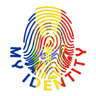 Colorful fingerprint design featuring the text \"My Identity\" with Moldova\'s flag colors, ideal for baby products. \