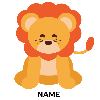 Cute cartoon lion illustration in bright colors, perfect for baby products like pacifiers and clothing.\n\nCaption: Em