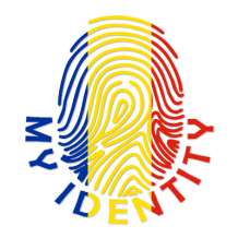 Footprint My Identity Romania logo featuring a fingerprint design with Romanian flag colors.\n\nCaption: Celebrate you