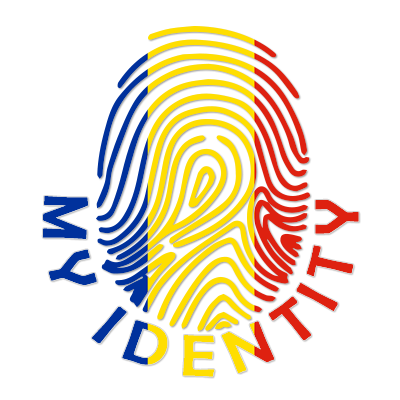 Footprint My Identity Romania logo featuring a fingerprint design with Romanian flag colors.\n\nCaption: Celebrate you
