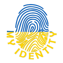 Logo of Footprint My Identity Ukraine featuring a blue and yellow fingerprint design.\n\nCaption: Discover the unique 