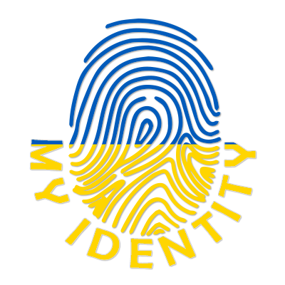 Logo of Footprint My Identity Ukraine featuring a blue and yellow fingerprint design.\n\nCaption: Discover the unique 
