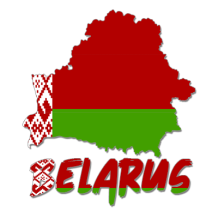 Colorful illustration of the map of Belarus with red and green sections and the word \"Belarus\" below.\n\nCaption: Ex