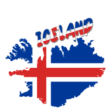 Illustration of the map of Iceland featuring its national colors and the word \"ICELAND\" in bold, vibrant text. \n\nC