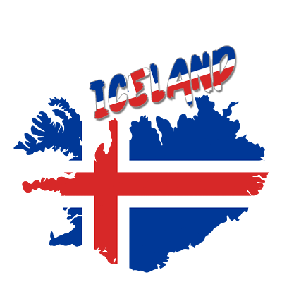 Illustration of the map of Iceland featuring its national colors and the word \"ICELAND\" in bold, vibrant text. \n\nC