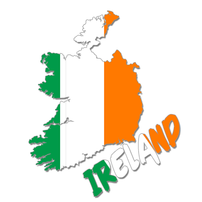 Colorful illustration of Ireland\'s map with green, white, and orange stripes, suitable for baby items.\n\nCaption: Ex