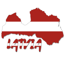 Colorful Latvia map graphic ideal for baby products like bodysuits and bibs.\n\nCaption: Celebrate Latvia with this ad