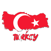 A colorful illustration of the outline of Turkey featuring a red background with a white star and crescent.\n\nCaption