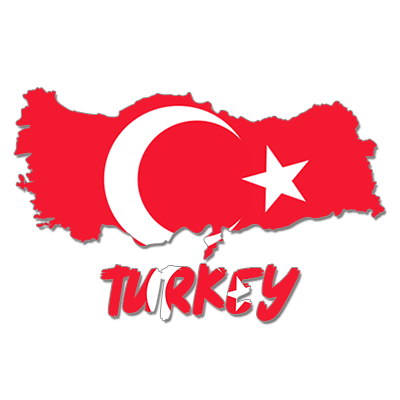 A colorful illustration of the outline of Turkey featuring a red background with a white star and crescent.\n\nCaption