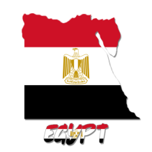 A colorful illustration of the map of Egypt featuring the national flag and the word \"Egypt\" below. \n\nCaption: Dis