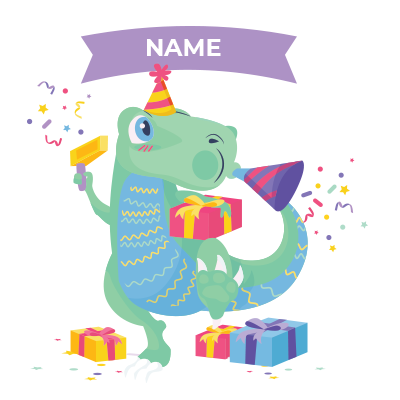 A cheerful dinosaur wearing a party hat, surrounded by colorful gift boxes and confetti for a birthday celebration.\n\